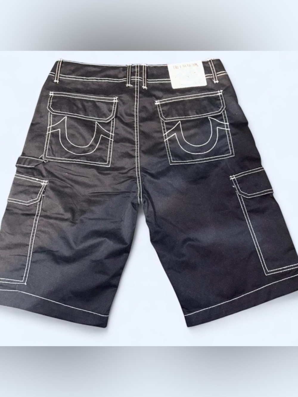True Religion Black Cargo Shorts with White Contrast Stitching